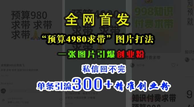 小红书“预算4980带我飞”图片打法，一张图片引爆创业粉，私信回不完，单条引流300+精准创业粉-哔搭谋事网-原创客谋事网