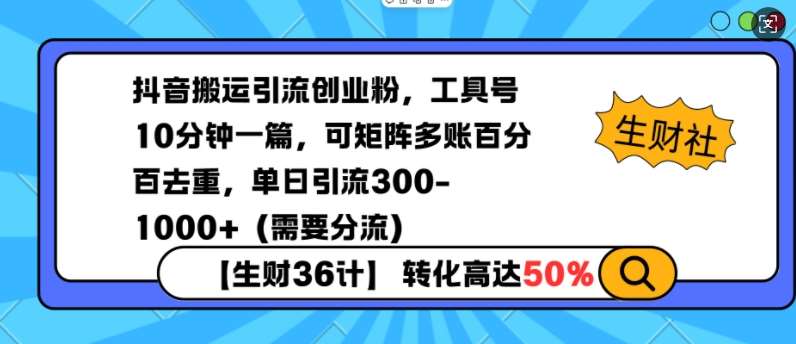 抖音搬运引流创业粉，工具号10分钟一篇，可矩阵多账百分百去重，单日引流300+（需要分流）-哔搭谋事网-原创客谋事网