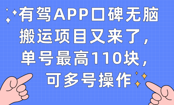 有驾APP口碑无脑搬运项目又来了，单号最高110块，可多号操作-哔搭谋事网-原创客谋事网